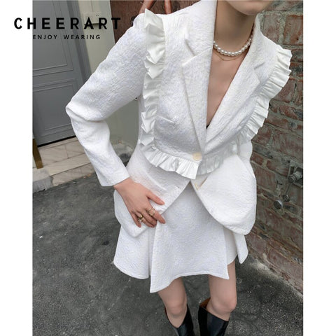 CHEERART 2 Piece Blazer And Skirt Set Designer Ruffle Jacquard High Slim Blazer Suit For Women Female Autumn Two Pieces
