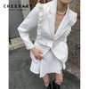 CHEERART 2 Piece Blazer And Skirt Set Designer Ruffle Jacquard High Slim Blazer Suit For Women Female Autumn Two Pieces