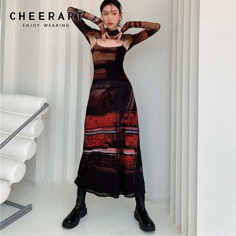 CHEERART 2 Piece Mesh Long Sleeve Punk Dress Women Turtleneck Long Midi Bodycon Ladies Dress Runway  Designer Clothes
