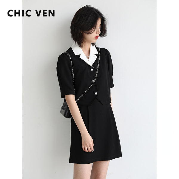 CHIC VEN Women's Skirt Suits Detachable Collar Short A-line Skirts Solid Two Piece Set Woman Office Lady Summer 2023
