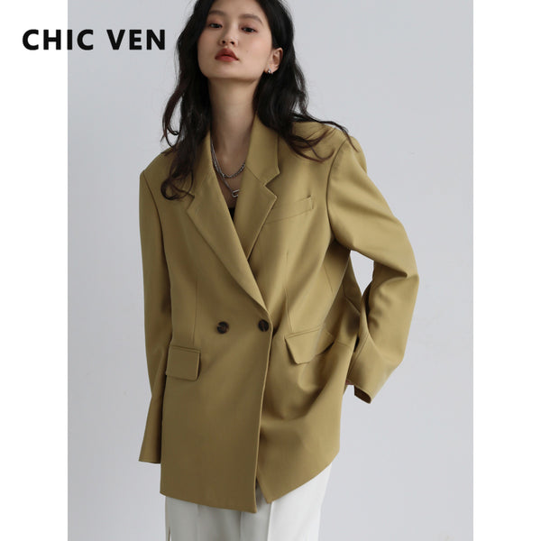 CHIC VEN Women's Blazer Solid Wide Shoulder Suit Coat Women's Overcoat Office Lady Woman Tops Spring Autumn 2023