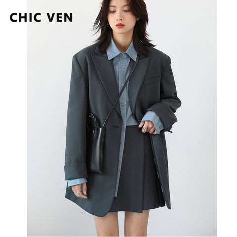 CHIC VEN Spring Autumn Women's Casual Blazer Blue Loose Women Coat Long Sleeve Ladies Outerwear Office Lady Stylish Tops