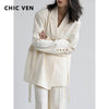 CHIC VEN Women Blazer Design Wide Shoulder Ribbon Solid Women's Medium Long Coat Office Lady Female Overcoat Spring Autumn 2023