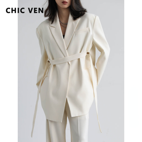 CHIC VEN Women Blazer Design Wide Shoulder Ribbon Solid Women's Medium Long Coat Office Lady Female Overcoat Spring Autumn 2023