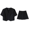 CHIC VEN Women Skirt Suit Sunscreen Beaded Short Sleeved Blazer Tops Solid Pleated Skirt Two Piece Set Office Lady 2023 Summer