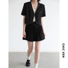 CHIC VEN Women Skirt Suit Sunscreen Beaded Short Sleeved Blazer Tops Solid Pleated Skirt Two Piece Set Office Lady 2023 Summer