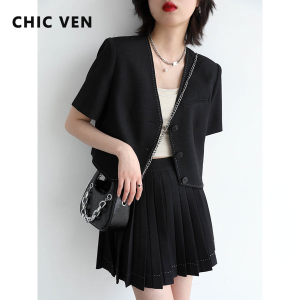 CHIC VEN Women Skirt Suit Sunscreen Beaded Short Sleeved Blazer Tops Solid Pleated Skirt Two Piece Set Office Lady 2023 Summer