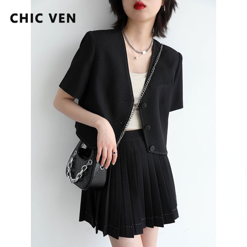 CHIC VEN Women Skirt Suit Sunscreen Beaded Short Sleeved Blazer Tops Solid Pleated Skirt Two Piece Set Office Lady 2023 Summer