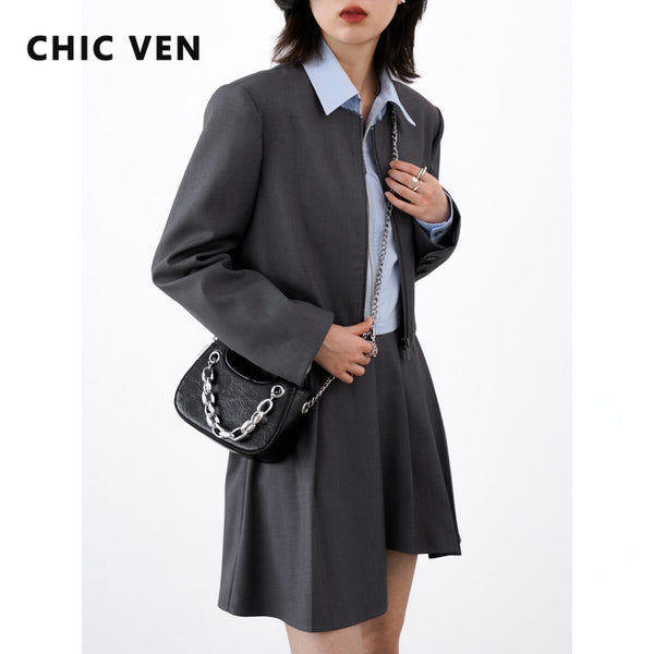 CHIC VEN Women's Blazer Skirt Suits Long Sleeve Solid Short Jacket A-line Pleated Two-piece Set Female Coat Spring Summer 2023