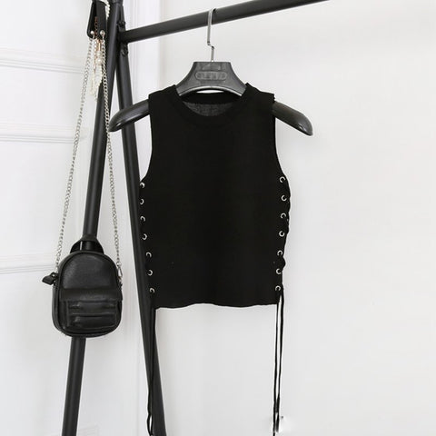 Summer Sleeveless Crop Top Female Knitted Short Side Wear Bandage Women's Tops Vest Black Clothes Fashion Korean