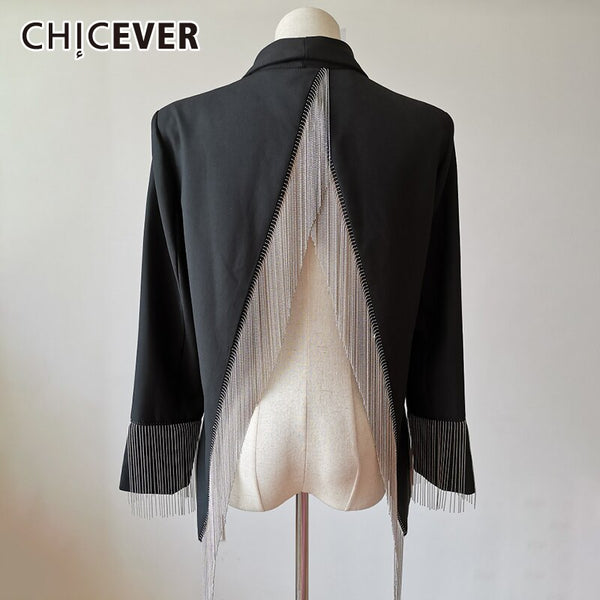 CHICEVER Designer Blazer For Women Notched Collar Long Sleeve Patchwork Tassel Back Split Streetwear Black Coat Female 2022 Tide