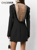 CHICEVER High Street Black Blazers For Women Notched Collar Loose Long Sleeve Patchwork Chain Back Coats Female 2023 Clothes New