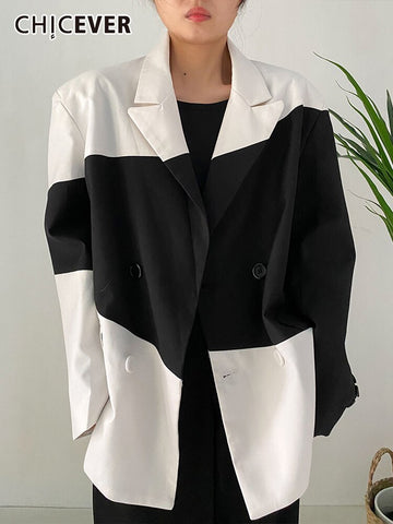 CHICEVER Hit Color Blazers For Women Notched Long Sleeve Patchwork Pocket Casual Temperament Blazer Female Autumn 2023