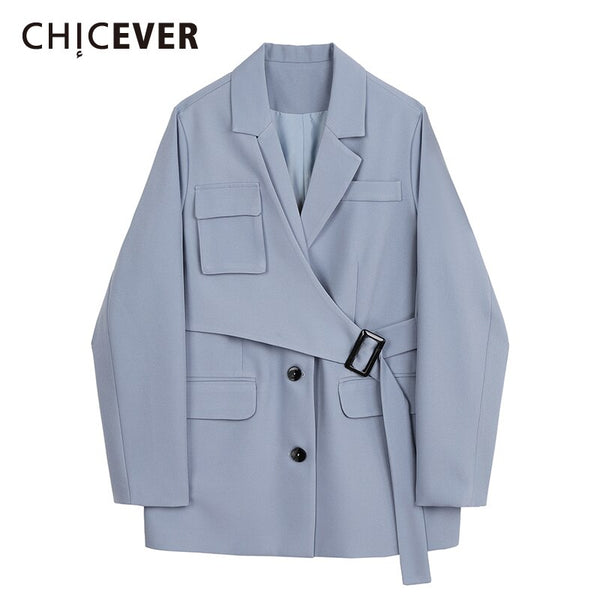CHICEVER Patchwork Blazer For Women Notched Long Sleeve Sashes Pockets Large Size Casual Coats Female 2022 Autumn Clothing