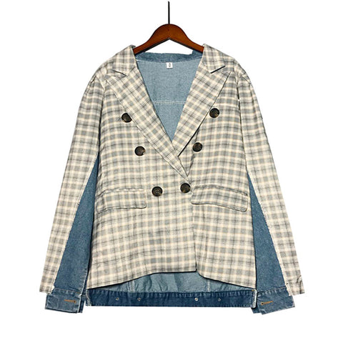 Plaid Jacket For Women Blazer Female Coat Denim Patchwork Hem Asymmetry Autumn Loose Coats Clothes Fashion Tide New