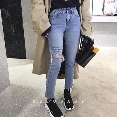 Printed High Waist Jeans for Women Ripped Hole Denim Trousers Torn Pencil Pants Casual Clothes Korean Large Big Sizes
