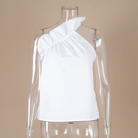 Sexy Strapless asymmetrical Women's Shirts Ruffled Collar Sleeveless Summer Slim Women Shirts 2022 Fashion Tide New