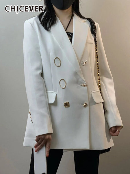 CHICEVER White Blazers For Women Notched Long Sleeve Patchwork Pockets Solid Minimalist Coats Female 2023 Spring Clothes New