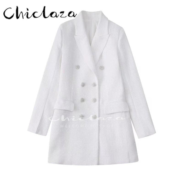 CHICLAZA 2023 Women Tweed Textured Long Sleeve Blazer Coat Female Vintage Double Breasted Pockets Outerwear Top