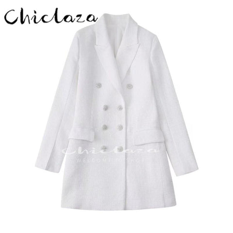 CHICLAZA 2023 Women Tweed Textured Long Sleeve Blazer Coat Female Vintage Double Breasted Pockets Outerwear Top