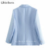 CHICLAZA Women 2023 Spring Autumn Chic Button Double-Breasted Blazer Jacket Female Office Ladies Blue Suit Coat