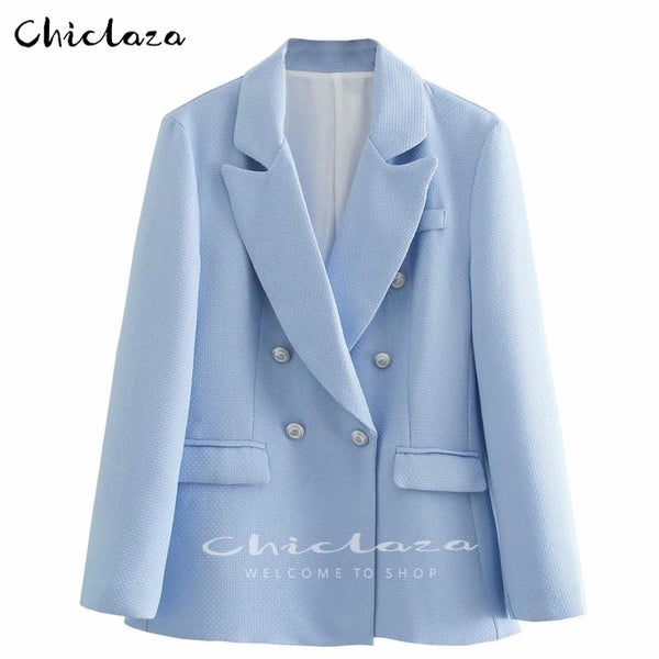 CHICLAZA Women 2023 Spring Autumn Chic Button Double-Breasted Blazer Jacket Female Office Ladies Blue Suit Coat