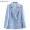 CHICLAZA Women 2023 Spring Autumn Chic Button Double-Breasted Blazer Jacket Female Office Ladies Blue Suit Coat
