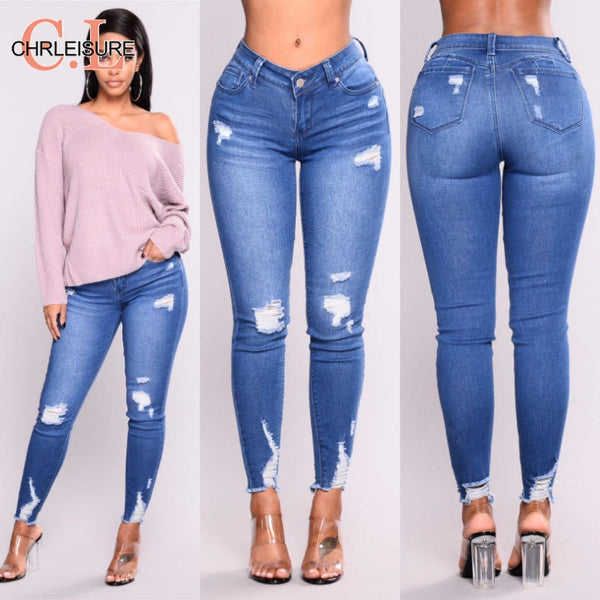 CHRLEISURE High Waist Jeans For Women Slim Stretch Holes Denim Jean Bodycon Skinny Push Up Jeans Woman Ripped Women's Jeans