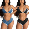 CHRONSTYLE Sexy Jean Summer 2 Piece Denim Off Shoulder Bra Crop Tops Biker Shorts Outfits Women Summer Clubwear Tracksuits 2023