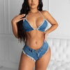 CHRONSTYLE Sexy Jean Summer 2 Piece Denim Off Shoulder Bra Crop Tops Biker Shorts Outfits Women Summer Clubwear Tracksuits 2023