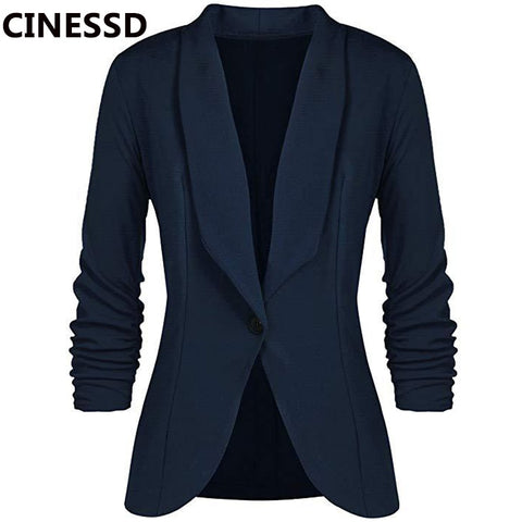 Office Lady Blazers Coat Solid Long Sleeves Cardigan Button Casual Suit Navy Blue Draped Slim Cotton Women Blazer Jacket