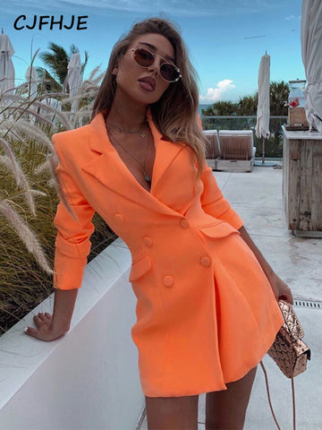 CJFHJE 2023 Long Sleeve Slim Blazer Dress Autumn Winter Women Pure Orange Streetwear Outfits Windbreak