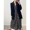CL small daisy floral dress with thin temperament round neck half placket Lantern Sleeve big a swing long skirt