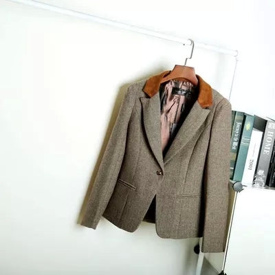 Brand British Style Blazer Women Vintage Slim Plaid Elbow Patch Ladies Office Suit Jacket Women Blazers and Jackets