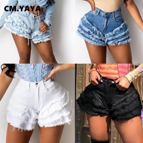 CM.YAYA 2022 Women Summer Shorts Jeans Casual Zipper Fly Pockets Jeans High Street Denim Shorts Ruffles Pants