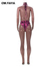 CM.YAYA Bikinis Set Women Print Halter Elastic Bodysuit Mesh Full Sleeve Long Outer Wear 2 Piece Set Sexy Beachwear Swimsuit