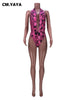 CM.YAYA Bikinis Set Women Print Halter Elastic Bodysuit Mesh Full Sleeve Long Outer Wear 2 Piece Set Sexy Beachwear Swimsuit