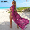 CM.YAYA Bikinis Set Women Print Halter Elastic Bodysuit Mesh Full Sleeve Long Outer Wear 2 Piece Set Sexy Beachwear Swimsuit