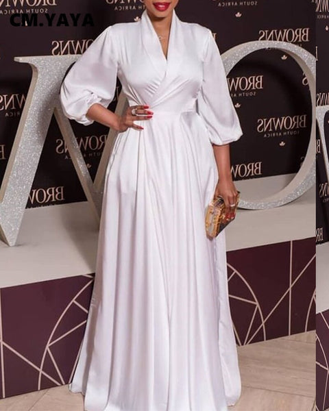CM.YAYA Elegant Winter Autumn Women V-neck Long Sleeve Fit and Flare Long Dress Sexy Party Floor Length White Maxi Dresses
