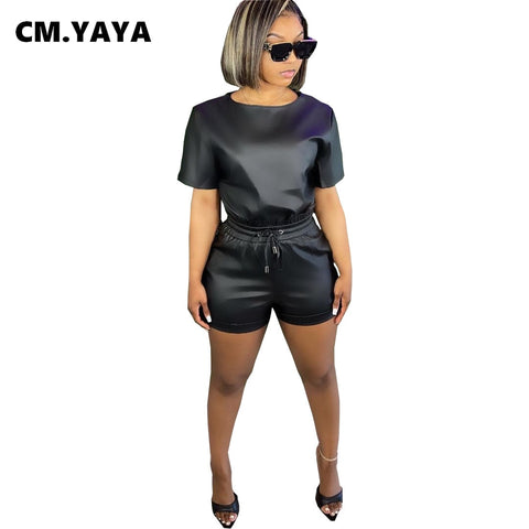 CM.YAYA Faux Leather Active Sweatsuit Vintage Women's Set T-shirts and Shorts Streetwear Matching Two 2 Piece Outfits Tracksuit
