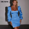 CM.YAYA High Waist Lantern Long Sleeve Stacked Draped Midi Bodycon Dress for Women Sexy Club Party Night U-neck Backless Dresses
