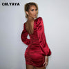 CM.YAYA High Waist Lantern Long Sleeve Stacked Draped Midi Bodycon Dress for Women Sexy Club Party Night U-neck Backless Dresses