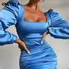 CM.YAYA High Waist Lantern Long Sleeve Stacked Draped Midi Bodycon Dress for Women Sexy Club Party Night U-neck Backless Dresses