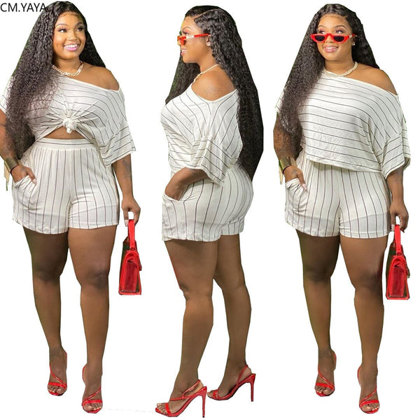 CM.YAYA Plus Size Striped Women Set Two Piece Set Tracksuit Tee Top Shorts Jogger Sweatpant Suit Fitness Outfit Matching Set