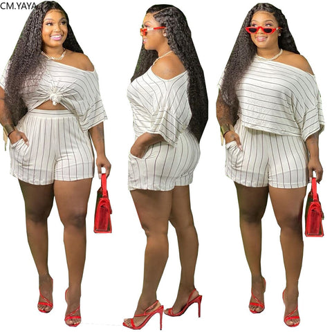 CM.YAYA Plus Size Striped Women Set Two Piece Set Tracksuit Tee Top Shorts Jogger Sweatpant Suit Fitness Outfit Matching Set