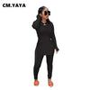 CM.YAYA Solid Full Sleeve Tshirt Side Split and Full Length Skinny Pant 2 Piece Set Women Spring Fall Casual Two Piece Outfits