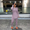 CM.YAYA Solid Full Sleeve Tshirt Side Split and Full Length Skinny Pant 2 Piece Set Women Spring Fall Casual Two Piece Outfits