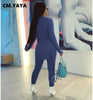CM.YAYA Solid Full Sleeve Tshirt Side Split and Full Length Skinny Pant 2 Piece Set Women Spring Fall Casual Two Piece Outfits