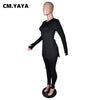 CM.YAYA Solid Full Sleeve Tshirt Side Split and Full Length Skinny Pant 2 Piece Set Women Spring Fall Casual Two Piece Outfits