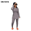 CM.YAYA Solid Full Sleeve Tshirt Side Split and Full Length Skinny Pant 2 Piece Set Women Spring Fall Casual Two Piece Outfits